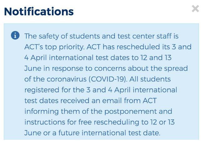 通知：2020年4月份ACT考试推迟
