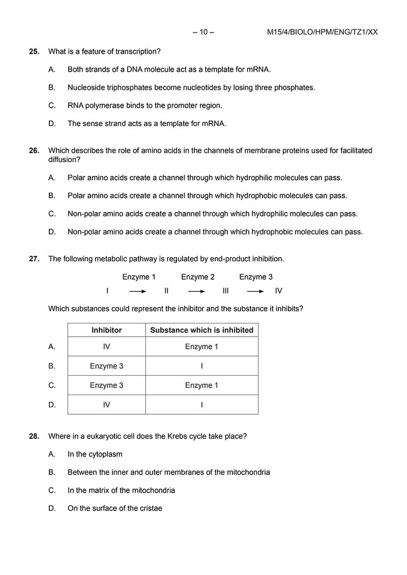 IB生物HL真题及答案和讲解-试卷Paper 1